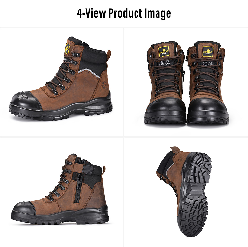 M-8577 Side Zip Safety Boot Views Wiele widoków brązowych skórzanych butów ochronnych M-8577 z bocznym zamkiem