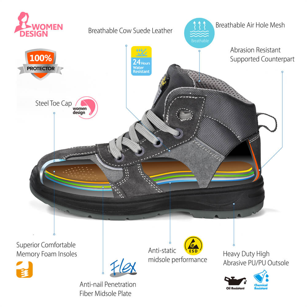 Damskie stalowe podnoski Najlepsze ochronne buty robocze dla pań M-8516W Zamsz
