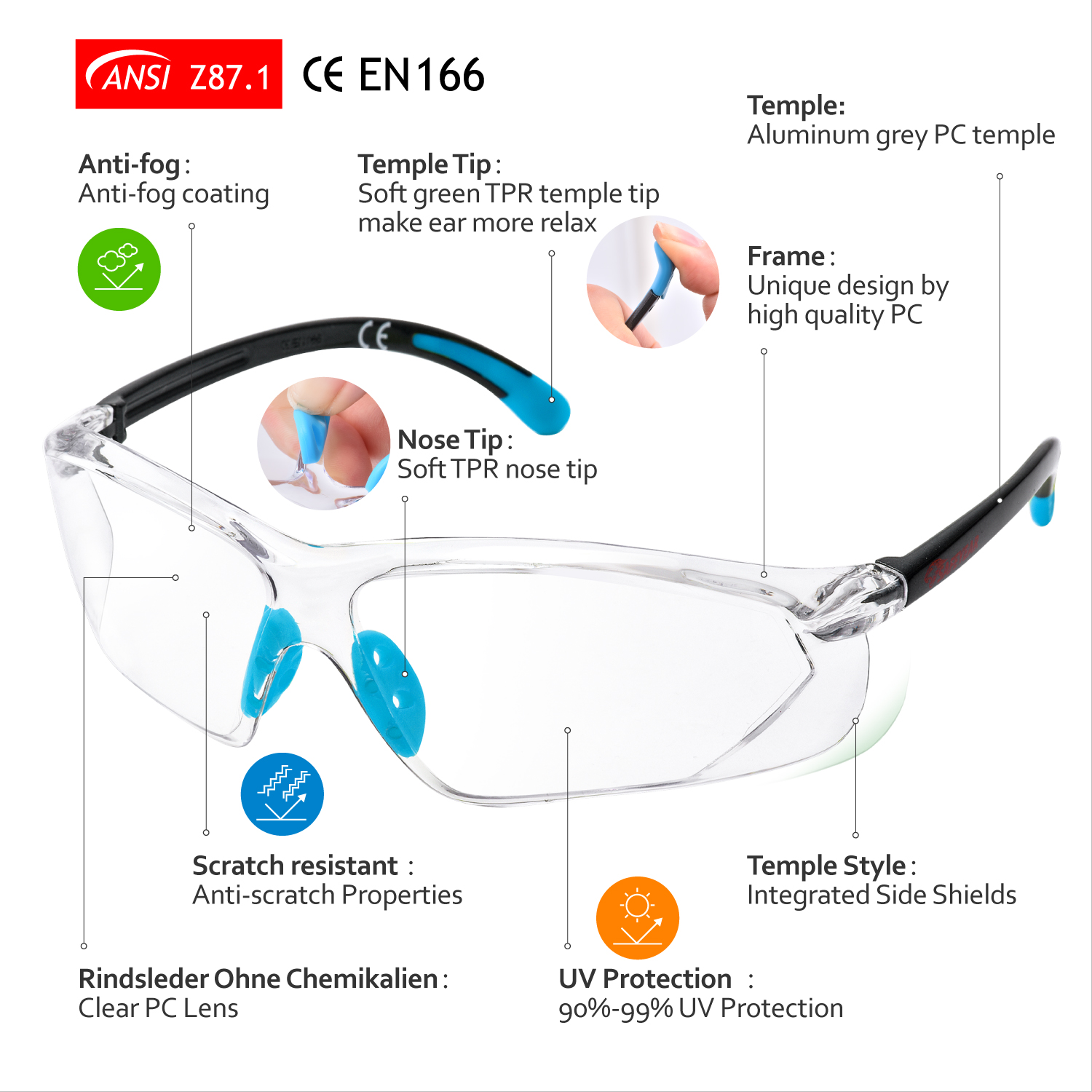 Okulary ochronne z certyfikatem CE SG003 niebieskie