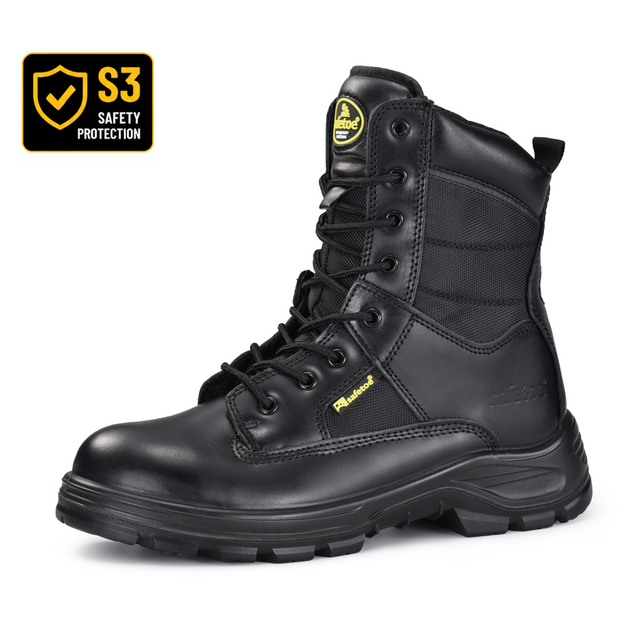 Buty ochronne S3 w stylu taktycznym z bocznym zamkiem i skórzaną cholewką | H-9438 SafeCombat-H